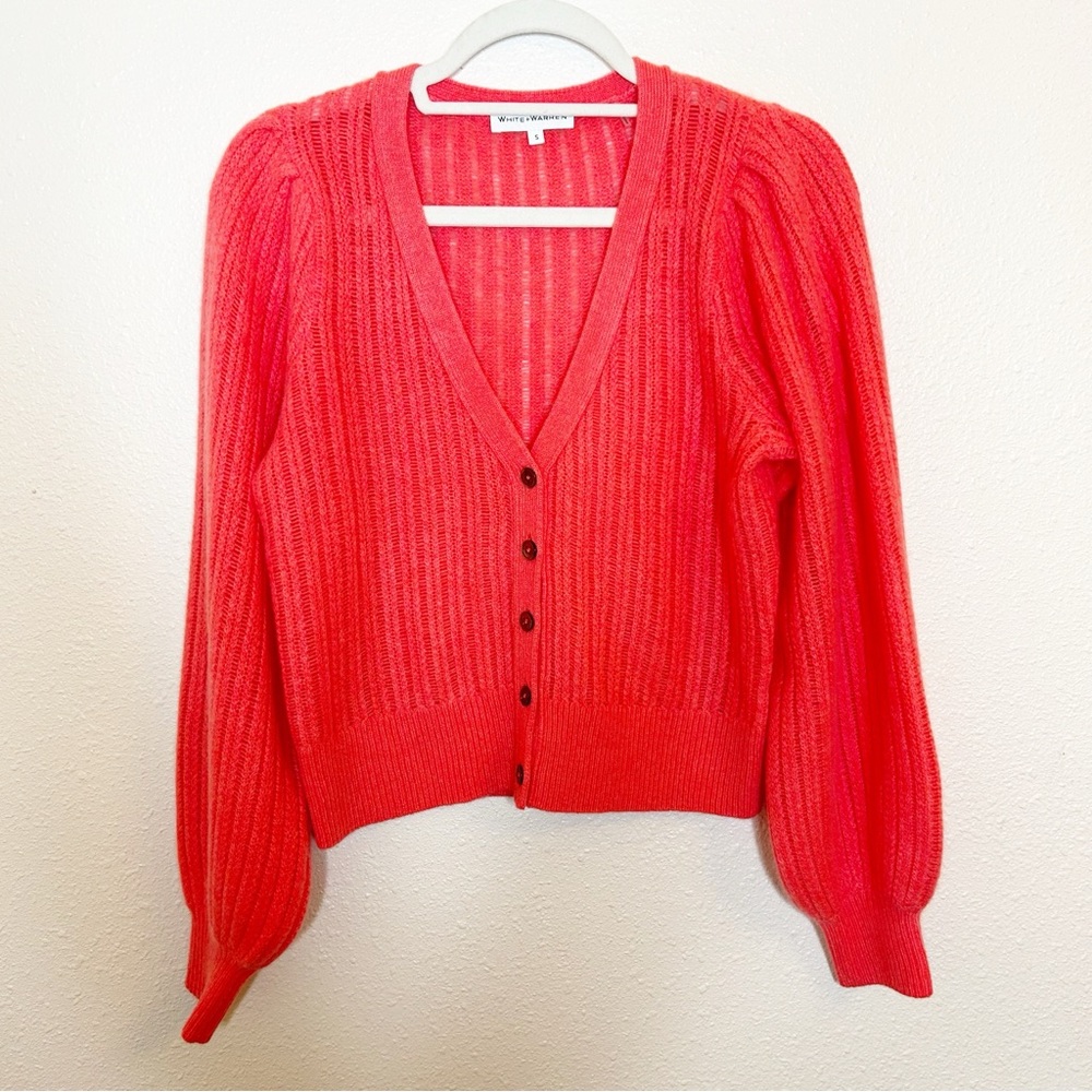 White+Warren Open Knit Pink Coral Cashmere Cardigan SZ S